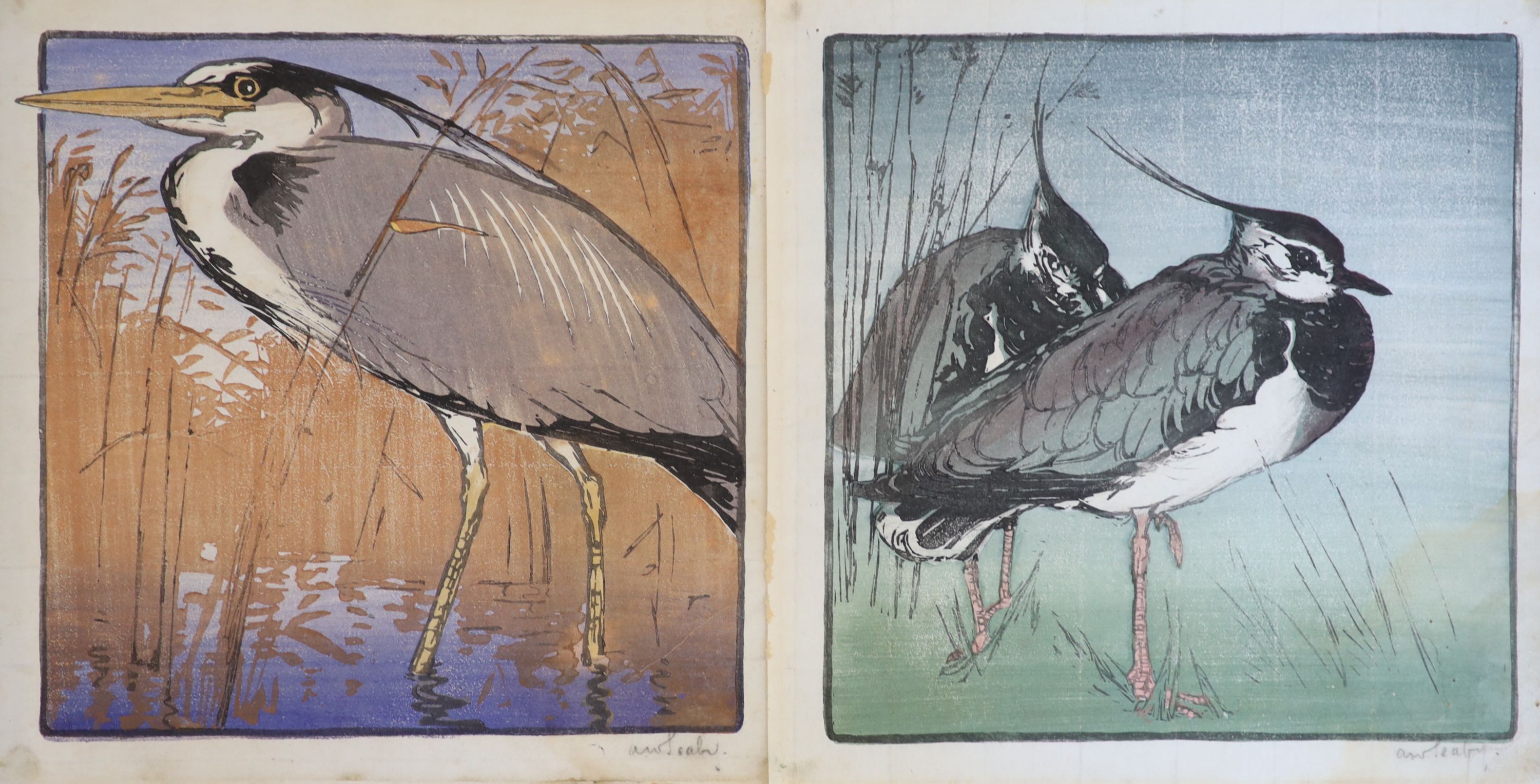 Allen William Seaby (1867-1953), Lapwing & Heron, Woodcut in colours (2), 22 x 22 cm. unframed.